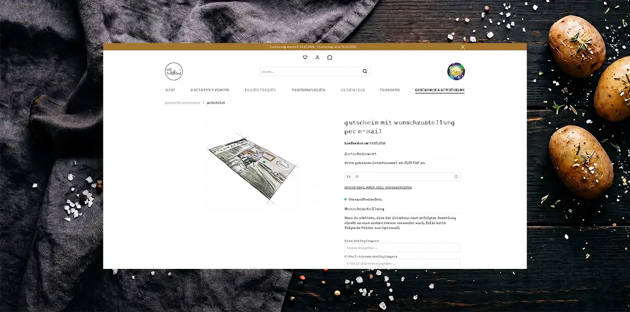 Jumi AG – Shopware-6-Onlineshop für Käse und Fleisch mit Chäsabo, Wertgutscheinen und individueller Lieferplanung.