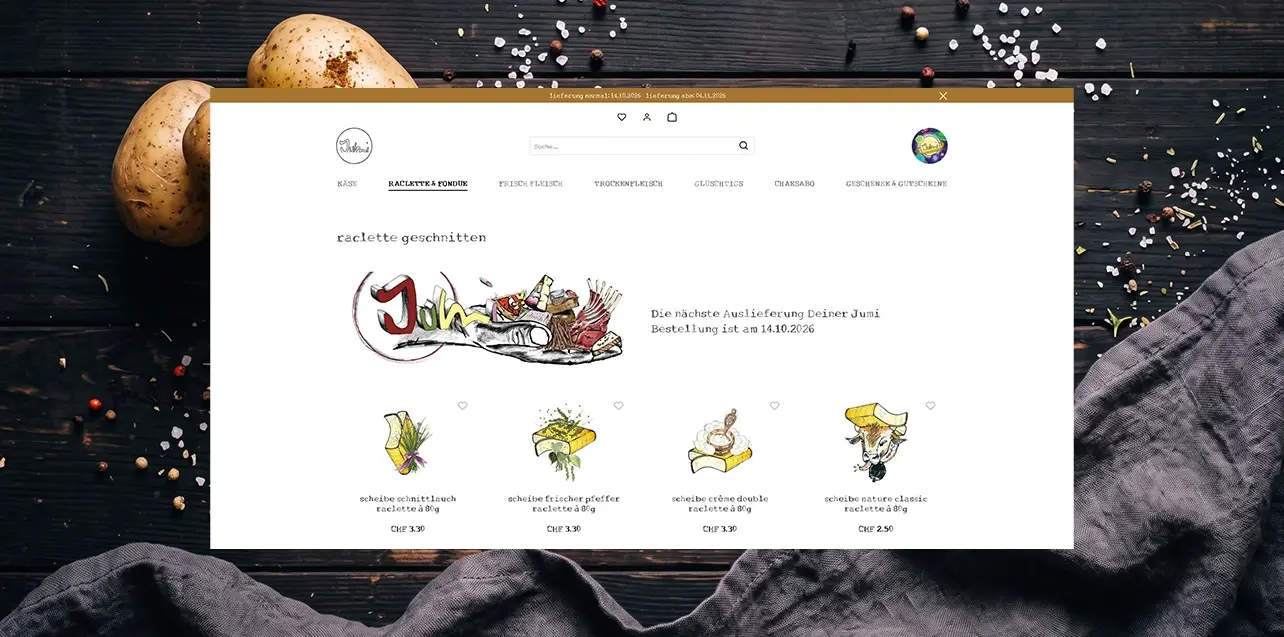 Jumi AG – Shopware-6-Onlineshop für Käse und Fleisch mit Chäsabo, Wertgutscheinen und individueller Lieferplanung.
