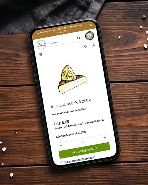 Jumi AG – Shopware-6-Onlineshop für Käse und Fleisch mit Chäsabo, Wertgutscheinen und individueller Lieferplanung.